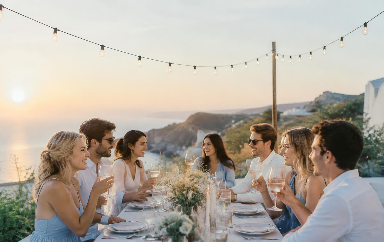 Mesa de celebración al aire libre al atardecer